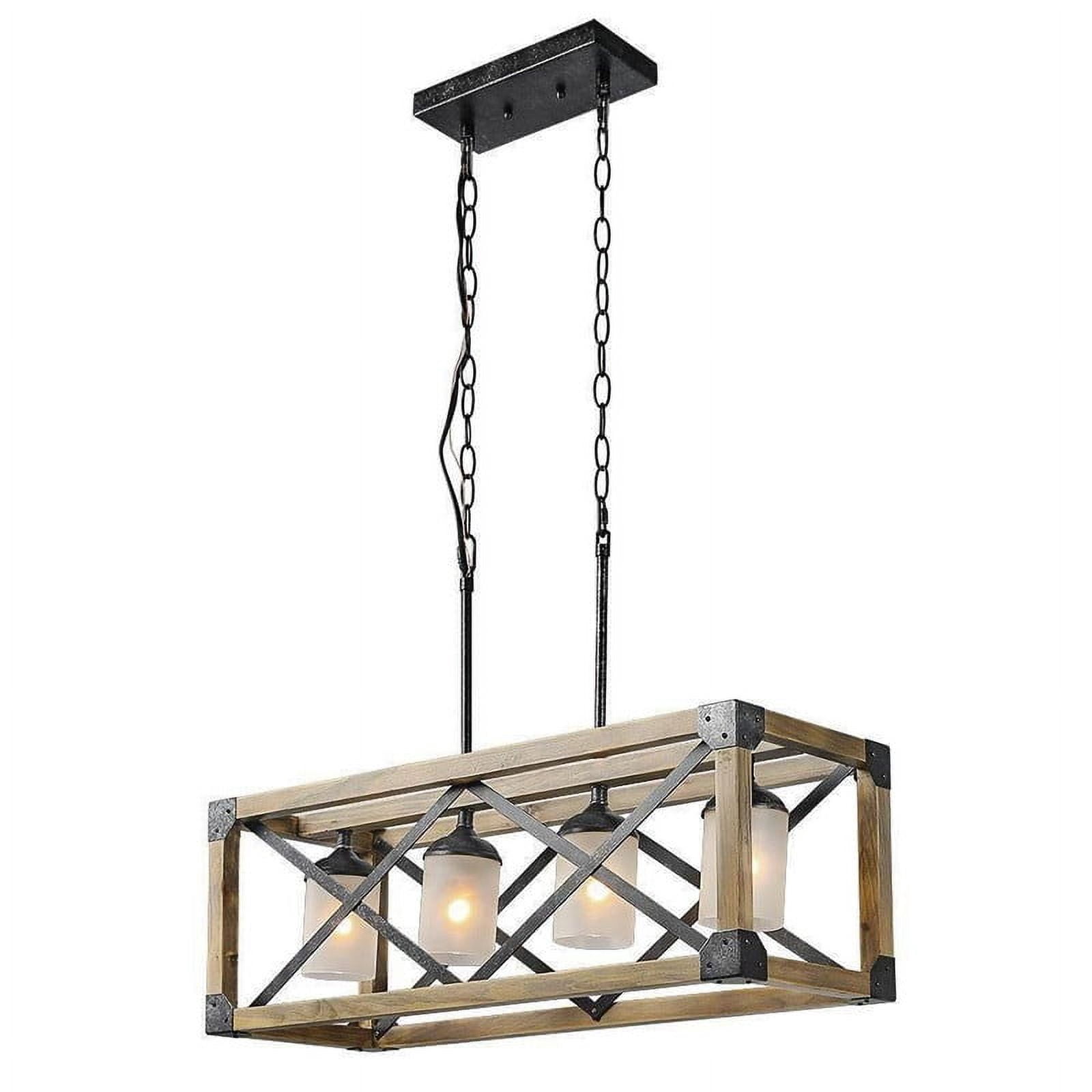 LNC Farmhouse 4-Light Rectangle Chandelier with Wood Frame and Frosted Glasss, 27.5" Wide