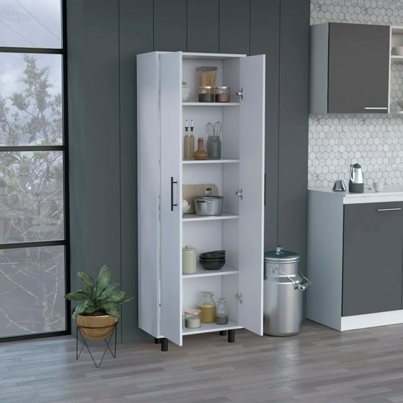 Nmkwnr Wood Kitchen Pantry Cabinet with 5 Internal Shelves, 2 Doors Storage Cabinet for Living Room, Dining Room, Kitchen, White