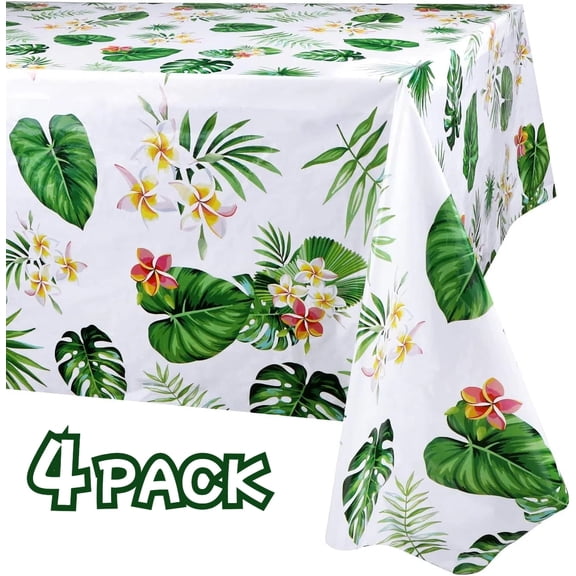 4 Pack Hawaiian Luau Tablecloths, Aloha Tropical Plants Plastic Rectangular Table Cover for Birthday Summer Beach Cocktail Party Supplies, 51x86 in