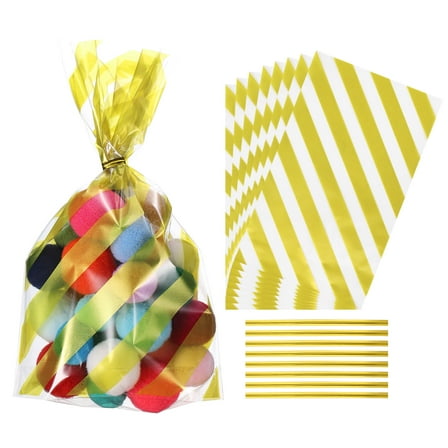 Uxcell 100 Pcs Treat Bags 5x2x8" Candy Gift Bags with Twist Ties Gold Stripes