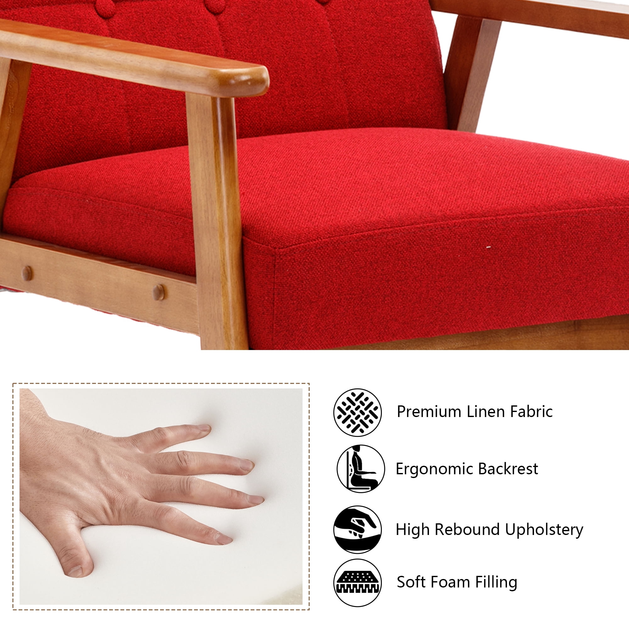Miniyam Mid Century Modern Accent Chair with Wood Frame,Linen Fabric Single Reading Chair,Armchair for Living Room Bedroom Home Belcony Office,Red