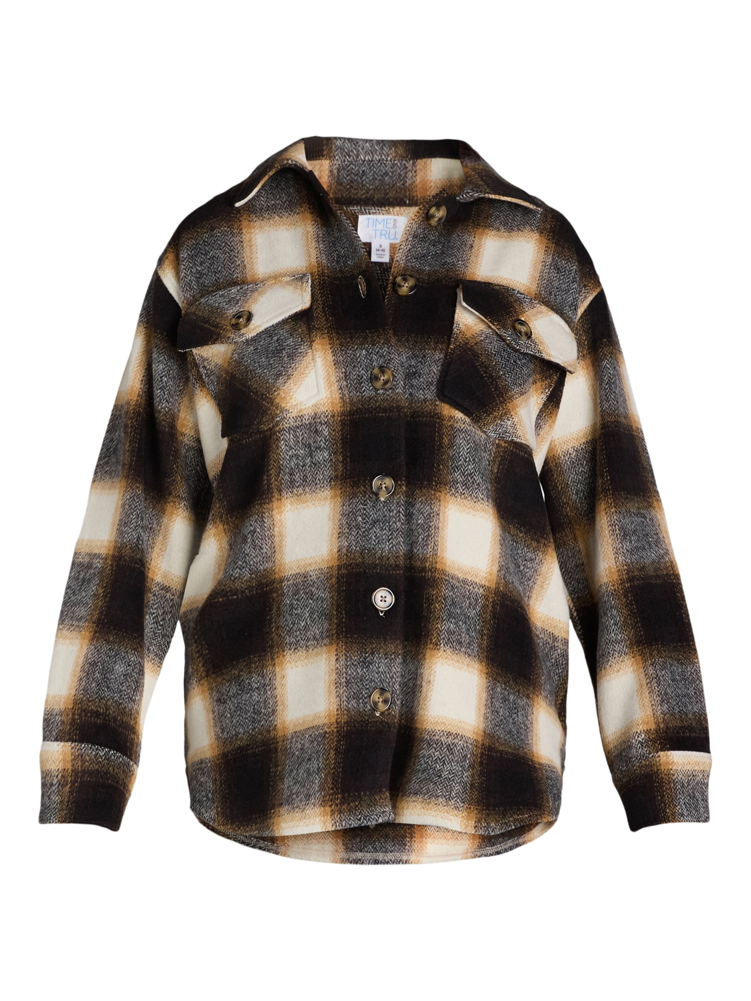 Time and Tru Women's Button Front Shacket, Sizes S-XXXL