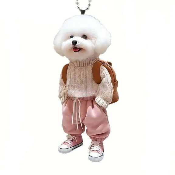 Zhourta 2D Cute Bichon Frise Endorsement Bag Ornament Dog Puppy Hanging Pendant Acrylic Car Pendant Christmas Tree Decoration