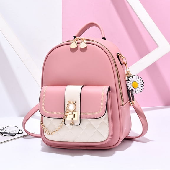 Girly Pink and White Backpack with Diamond Lock Design and Daisy Pendant Versatile Backpack