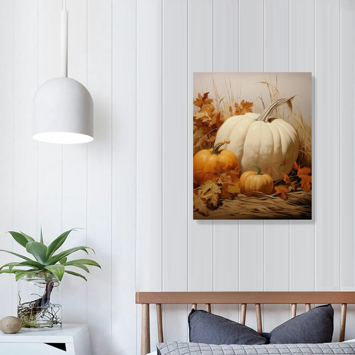 JRXY Farmhouse Fall Canvas Wall Art White Pumpkin Still Life Painting Pictures Rustic Farm Pumpkin Fall Leaves Posters Halloween Thanksgiving Autumn Wall Print Decor 16x20 in