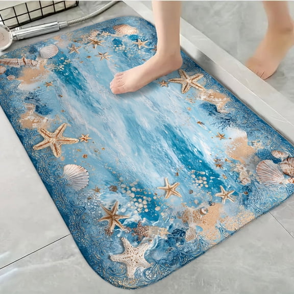 1pc Sea Shells Absorbent Non-Slip Bathroom Thickened Flannel Rug Decor,Soft,Quick Drying,Suitable For Indoor/outdoor Use,Bathrooms,Bedrooms,Kitchens,Terrace,Laundry Rooms,16"x24"