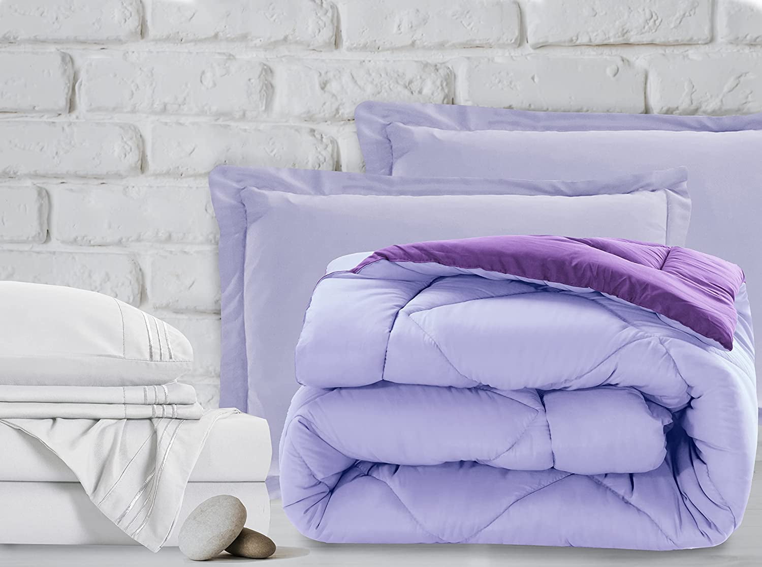 Elegant Comfort 7-Piece Bed-in-a-Bag Comforter and Sheet Set- 1500 Series 7-Piece Split King Size Bed-in-a-Bag, Cozy Bed Sheets and Comforter Set, Wrinkle and Stain Resistant, Lilac/Purple