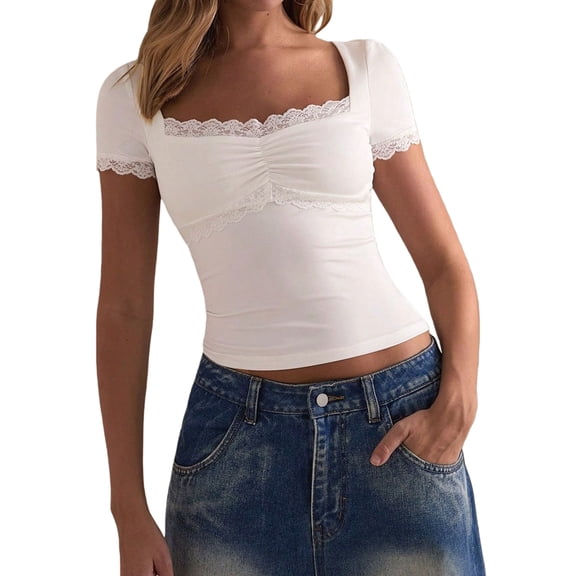 Womens Square Neck Lace Trim Short Sleeve Slim Fit Basic Tshirt Casual Versatile Top Cream White XL