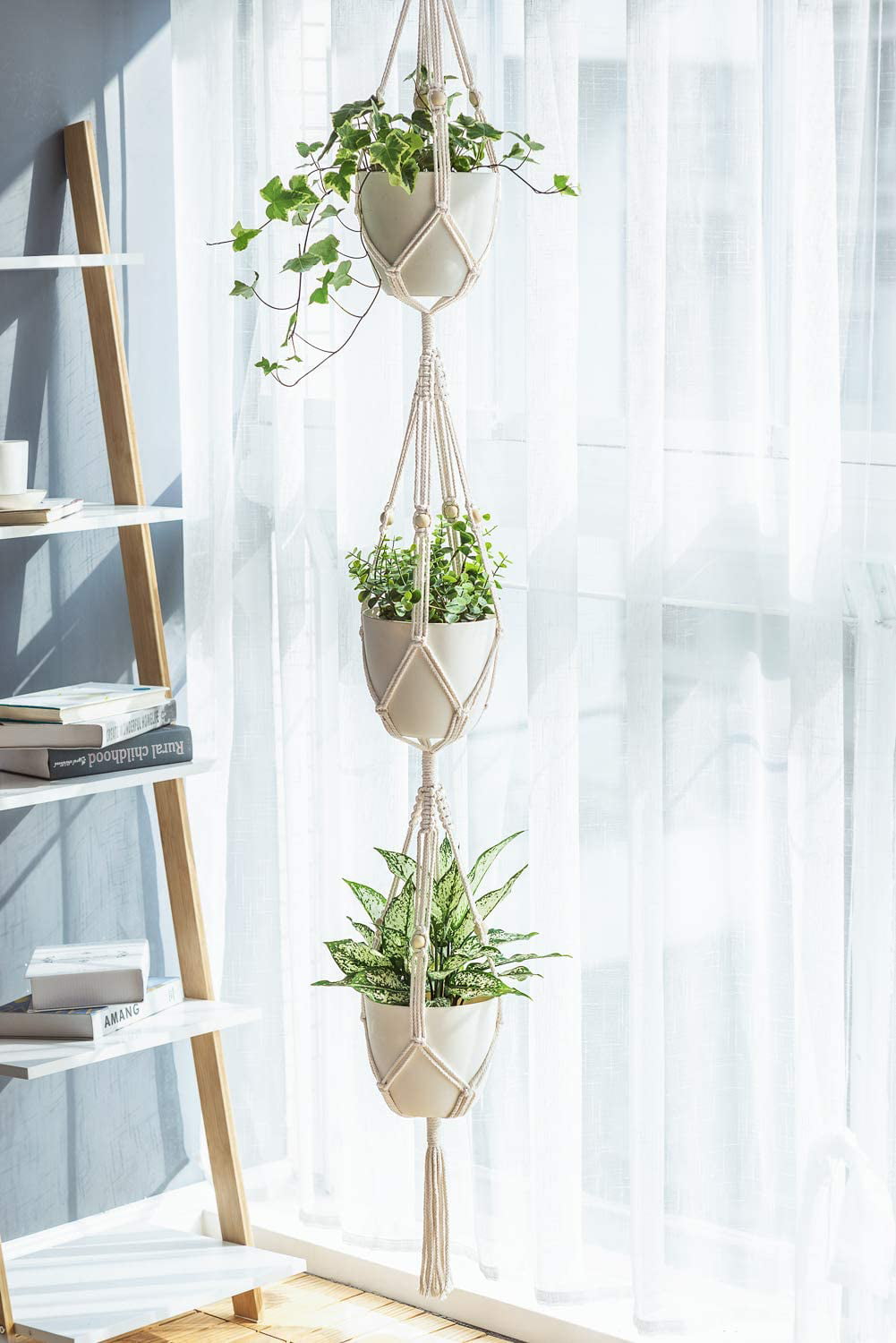 Selbst 3 Tier Macrame Wall Air Plant Hangers with Beads for Hanging Plant Baskets Indoor Outdoor Large Plant Hanger 70 Inches 