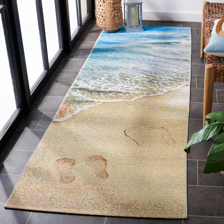 SAFAVIEH Tappeto runner della collezione Barbados, 60 x 250 cm, colore azzurro e verde, design impermeabile, lavabile, non perde pelo e facile da pulire, per interni/esterni e lavabile, ideale per