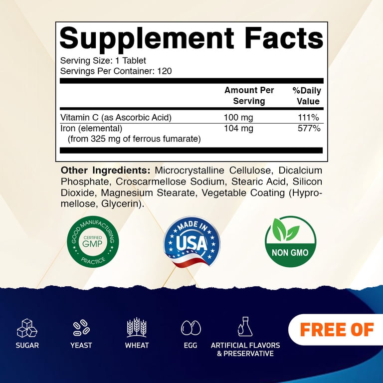 (3 pack) Vitamatic Ferrous Fumarate 325 mg + Vitamin C 100 mg (104 mg  Elemental Iron)  High Potency Iron Supplement  Gentle on Stomach, 120  Tablets, ...