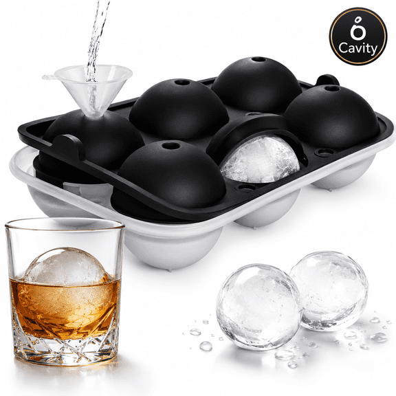 Ice Ball Maker,2.5 Inch Ice Cube Trays,Easy Release Silicone Round Ice Sphere Tray with Lids & Funnel for Whiskey,Cocktails & Bourbon-Black