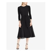 RALPH LAUREN Womens Black 3/4 Sleeve Midi Fit + Flare Dress Petites Size: 4P