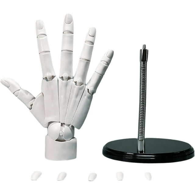 Articulated 1:1 Scale PVC+ABS Hand Model with Movable Joints & Replaceable Nails - Adjustable Poseable Mannequin Hand for Art Painting Reference, Jewelry Display, Nail Practice - Includes Black Base