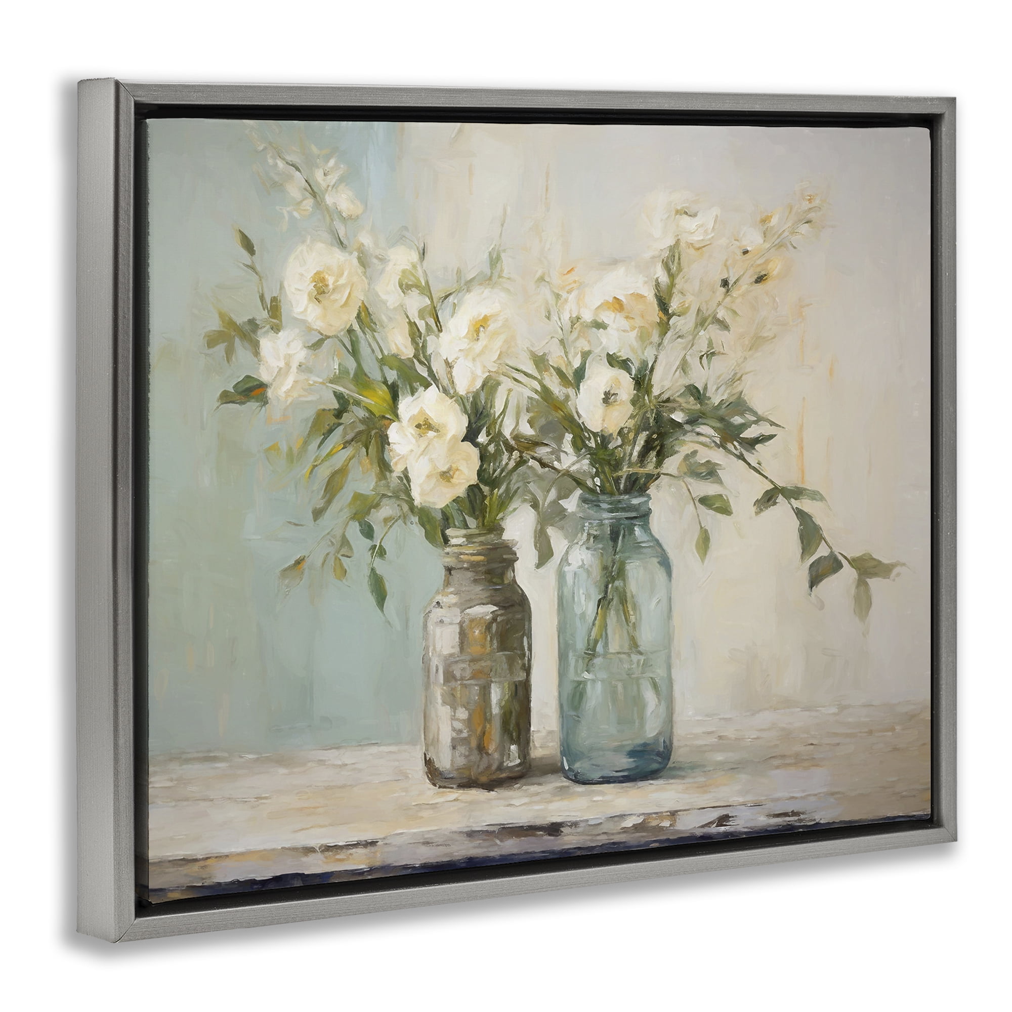 Stupell Industries Mason Jar Bouquet Botanical & Floral Painting Gray Floater Framed Art Print Wall Art, 31 x 25