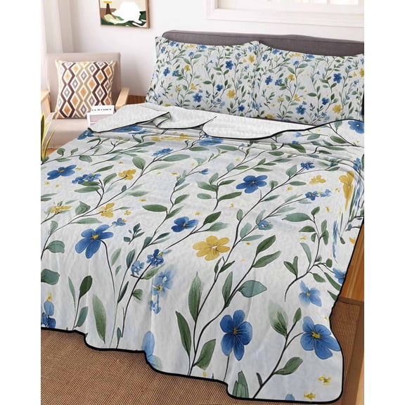 Blue Yellow Spring Floral King Size Down Alternative Comforter,Lightweight Comforter Quilt Bedding Set with Pillow Shams Elegant Summer Botanical Green All Seasons Bed Comforter Duvet Insert 96"x106"