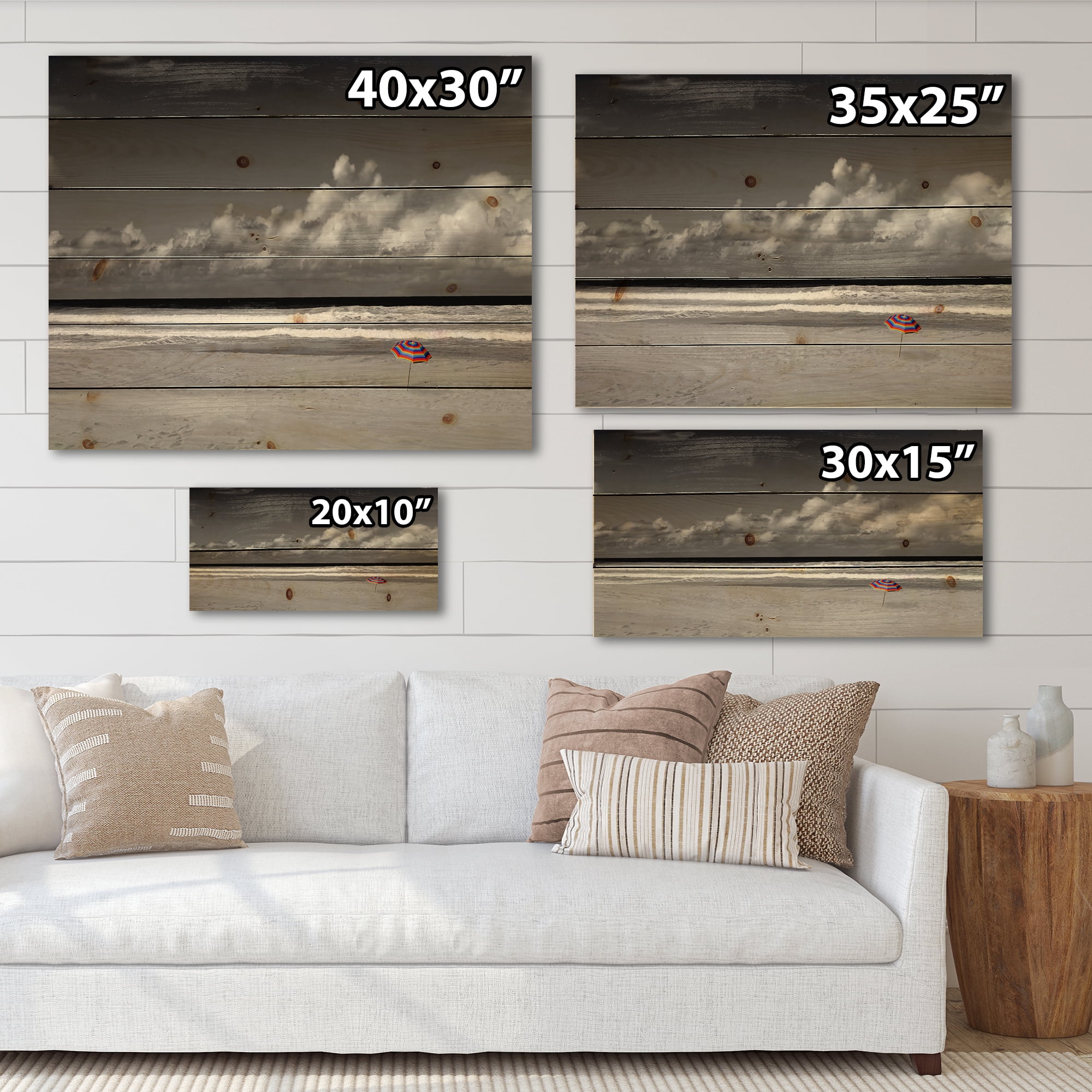 Designart 'Black and White Coastline Under Cloudy Sky' Lake House Print on Natural Pine Wood