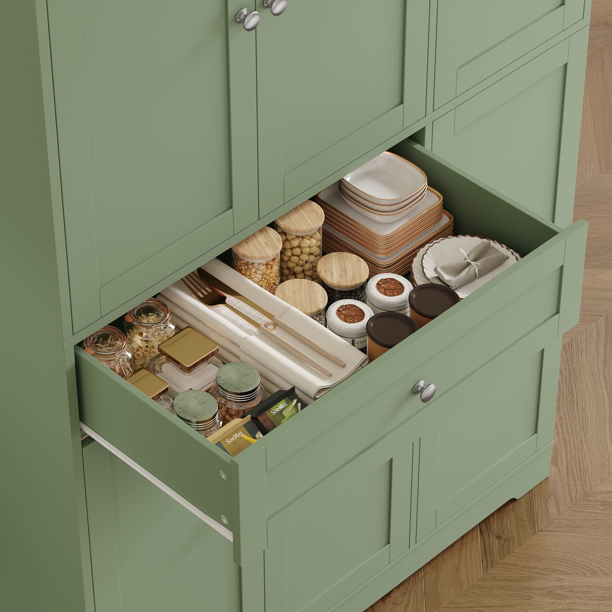 Homfa Kitchen Pantry Storage Cabinet, 68" Food Pantry Cabinet with Drawer and Door Shelf, 6 Door Freestanding Cupboard Buffet for Dining Room, Green