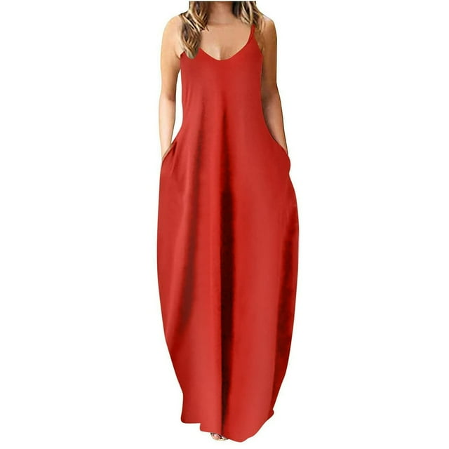 Robe Maxi d'Été pour Femmes Robe Longue Décontractée Bohème Sans Manches à Bretelles Smockée à Volants Longue Plage Soleil Robes