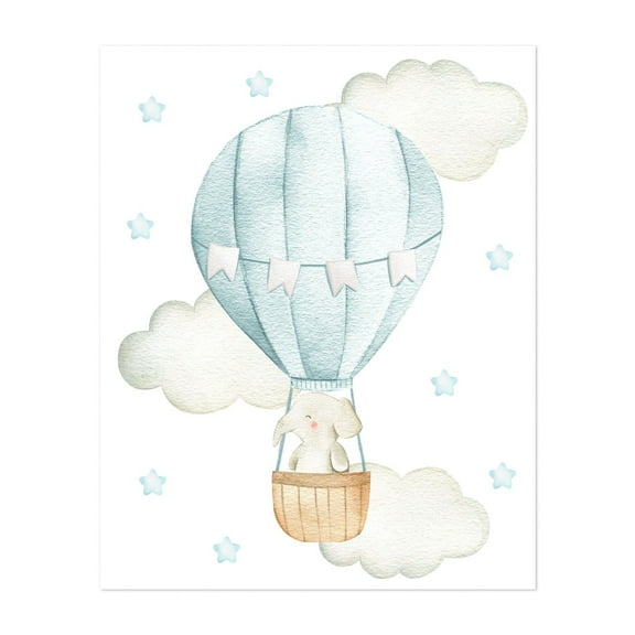 Blue Hot Air Balloon, Elephant, Safari Animals, Jungle Animals, Boy Nursery - Illustration Watercolor Hot Air Balloon Whimsical Animal Stars Unframed Wall Art Print 6 x 8 inches