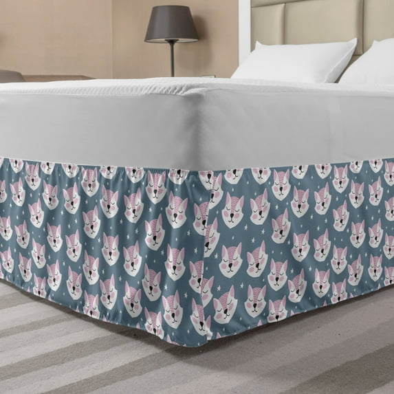 Fox Bed Skirt, Sleeping Fox Faces with Sky Stars Scandinavian Style Children Cartoon, Elastic Bedskirt Dust Ruffle Wrap Around for Bedding Decor, 4 Sizes, Slate Blue Baby Pink, by Ambesonne