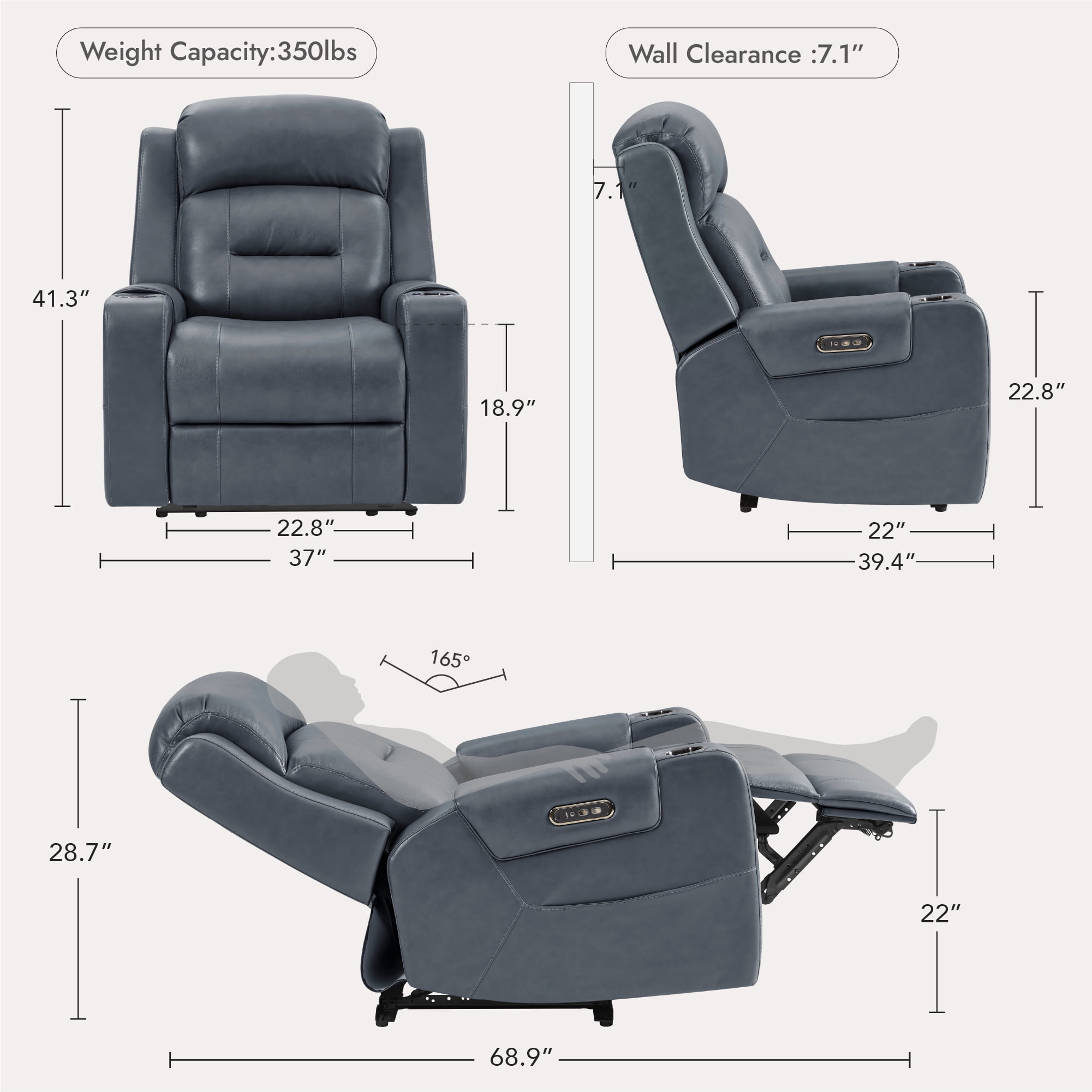 Spruce & Spring Lay-Flat Genuine Leather Power Recliner Chair with Headrest, Navy