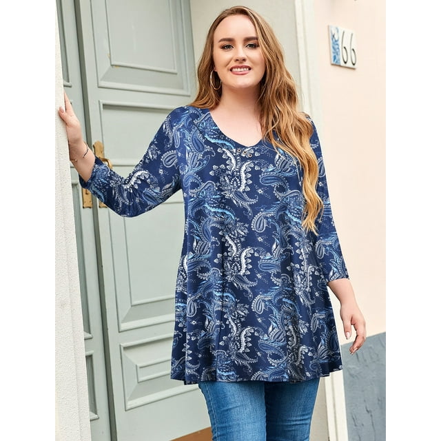 LARACE Tuniques à Fleurs pour Femmes à Manches 3/4 Chemises d'Été Décontractées Chic Blouses Hauts Bleu Marine 2X