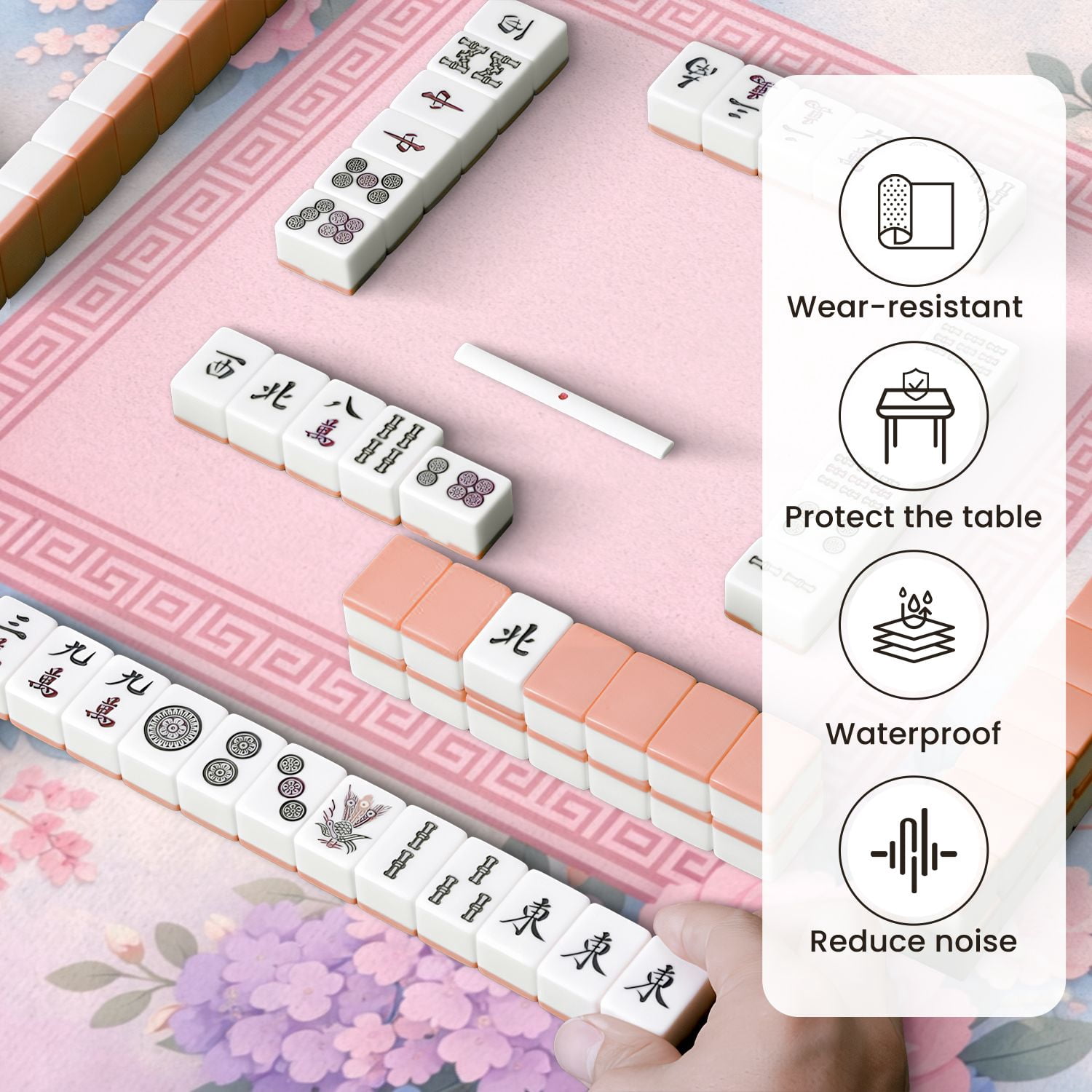 Mahjong Mat 31.5" x 31.5" Pink Purple Floral Frame Greek Key Border Soft Pastel Non-Slip Noise Reduction Mahjong Tiles Table Cover for Dominoes Poker Card Board and Tile Games