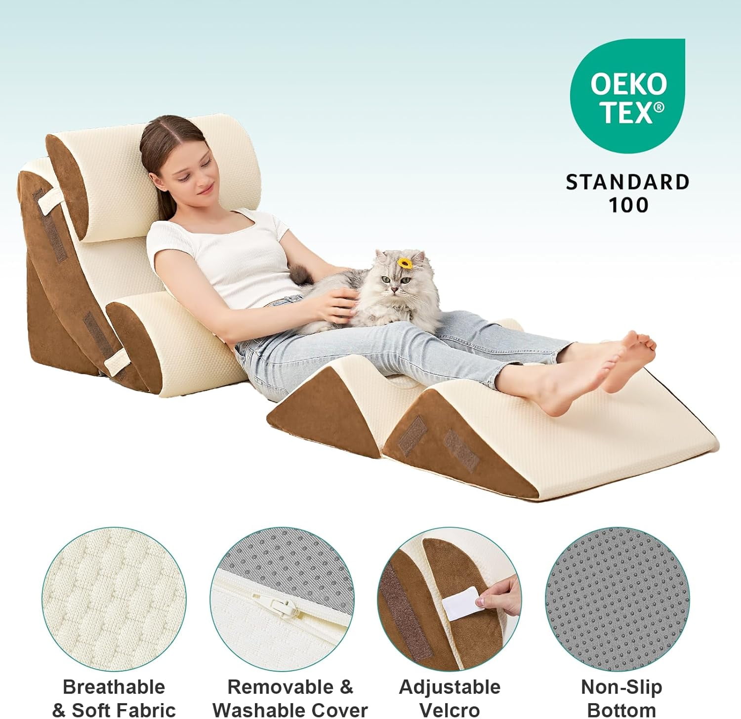 6PCS Orthopedic Bed Wedge Pillow for Sleeping, Adjustable Post Surgery Pillow Set for Body, Back and Leg Pain Relief, Memory Foam Support Pillows for After Surgery, Beige
