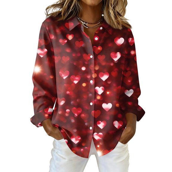 Kixjoy Womens Long Sleeve Tops Button Down Collared V Neck Shirt Valentine Lightweight Lounge Tunic Tops Dressy Plus Size Graphic Tees, Wine 3XL