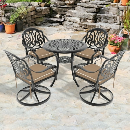 5-Piece All-Weather Cast Aluminum Dining Set, Black Swivel Chairs & 30.7" Round Table, UV/Corrosion Resistant, Outdoor Patio Garden Furniture, Includes Cushions