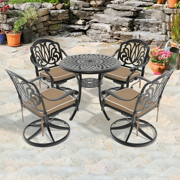5-Piece All-Weather Cast Aluminum Dining Set, Black Swivel Chairs & 30.7" Round Table, UV/Corrosion Resistant, Outdoor Patio Garden Furniture, Includes Cushions
