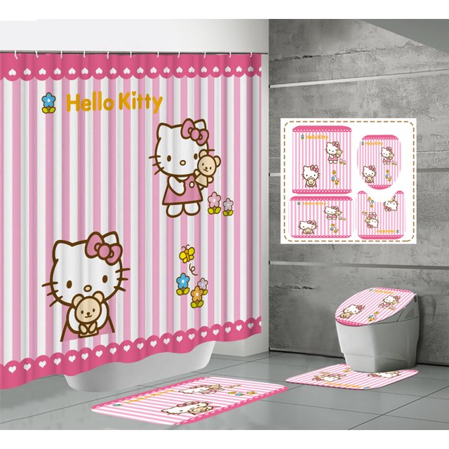 Cortina de ducha de poliéster resistente al moho e impermeable con estampado digital de gatitos de dibujos animados