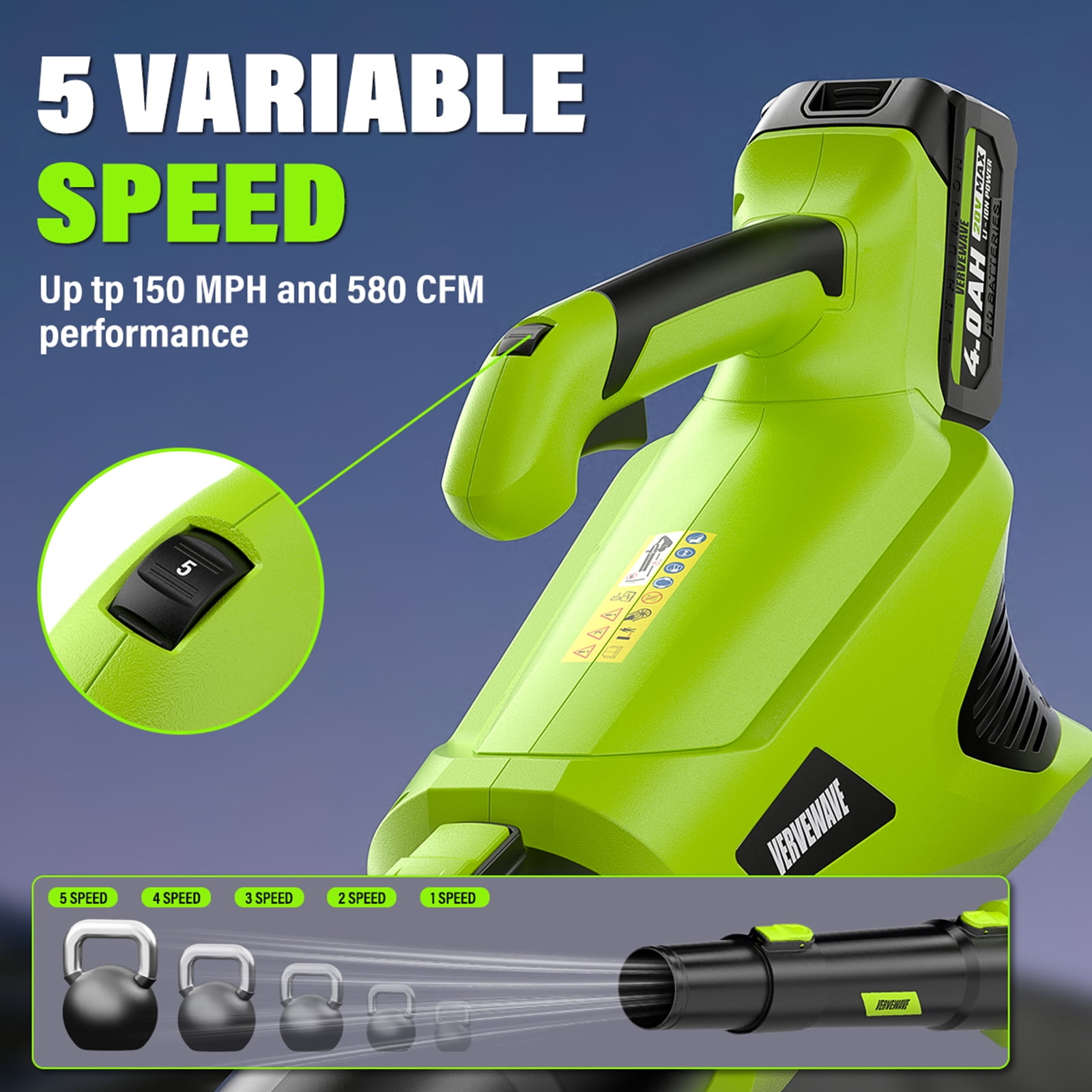 VERVEWAVE Leaf Blower - 580CFM 20V Leaf Blower Cordless with 2 X 4.0Ah Battery & Charger, 5-Speed Dial Electric Blower Handheld, Lightweight Powerful Battery Operated for Lawn Care, Jobsite