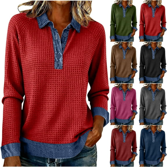 Otntypg Women's Waffle Knit Top with Denim Collar Cuffs Lightweight Half Button Front Long Sleeve Lapel Denim Patchwork Stitching Pullover Casual Office Outfits Hot Pink XL