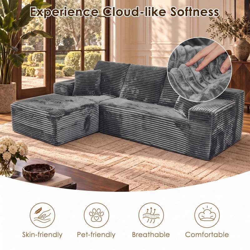 avobird 107" Boneless Cloud Modular Sectional Sofa Couch with Left Side L-Shape Chaise,Modern Corduroy Upholstered Couches for Living Room Bedroom,Deep Seat Corner Couch, Dark Gray