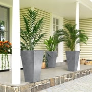 28 Tall Planters, Set of 3 Plastic Flower Pots with Marble Finish and Drainage Holes, Stackable Taper Planters, Gray