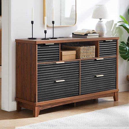 Storage Dresser with 6 Drawers, Wooden TV Stand Dresser with Fluted Design and LED Entertainment Shelves for Living Room, Walnut Black