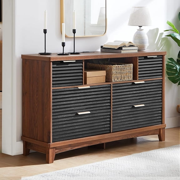 Storage Dresser with 6 Drawers, Wooden TV Stand Dresser with Fluted Design and LED Entertainment Shelves for Living Room, Walnut Black