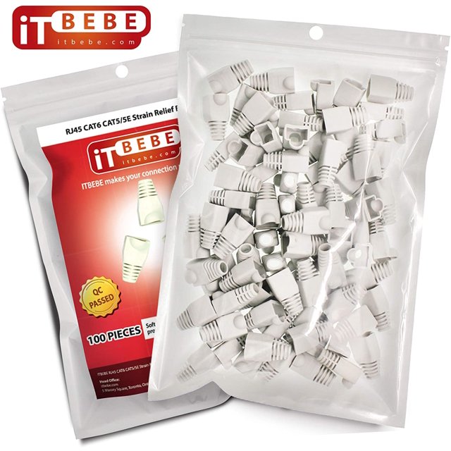 ITBEBE White RJ45 Strain Relief Boot Covers 100-Count Set for Cat5 Cat5e, and Cat6 Ethernet Connectors White