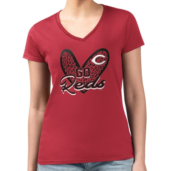 Women's G-III 4Her by Carl Banks Red Cincinnati Reds Super-Slim Fit Lightweight Leopard Heart V-Neck T-Shirt