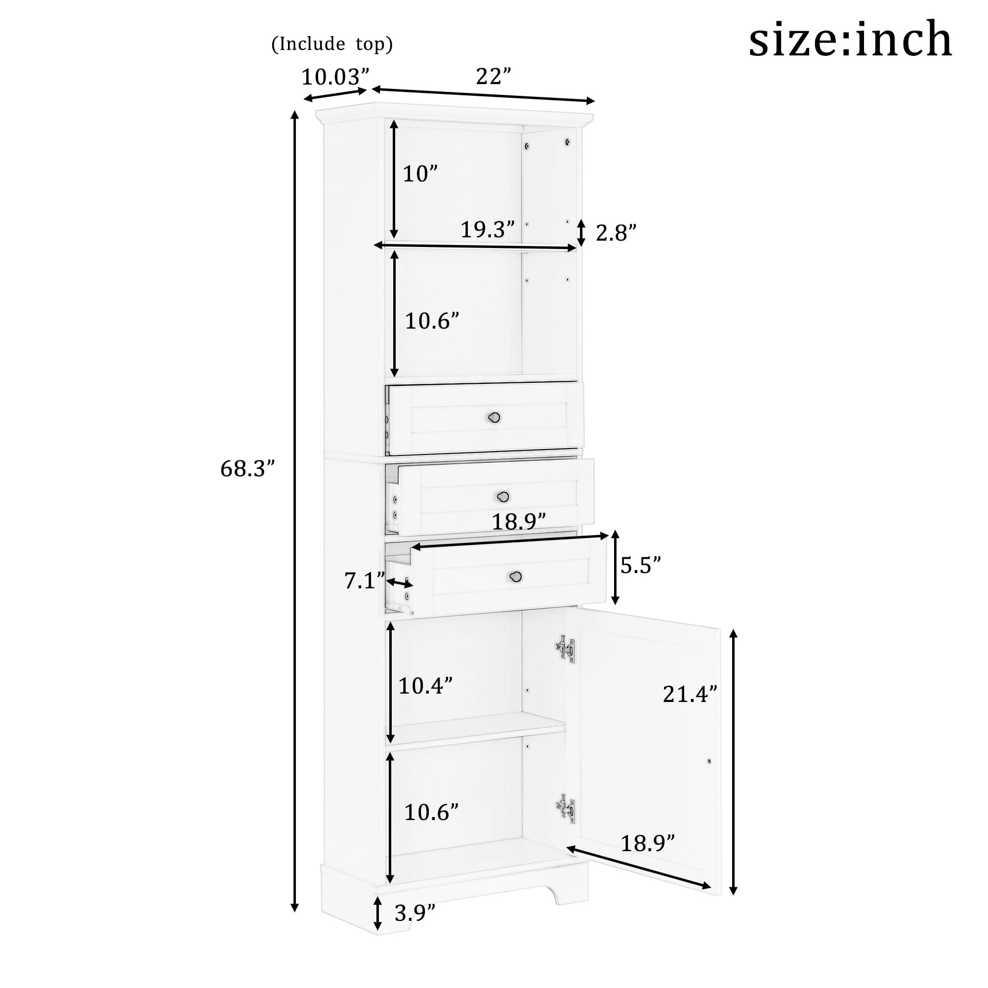 Aukfa 68''W Bathroom Cabinet with Drawers and Shelves,Freestanding Tall Storage Cabinet - White