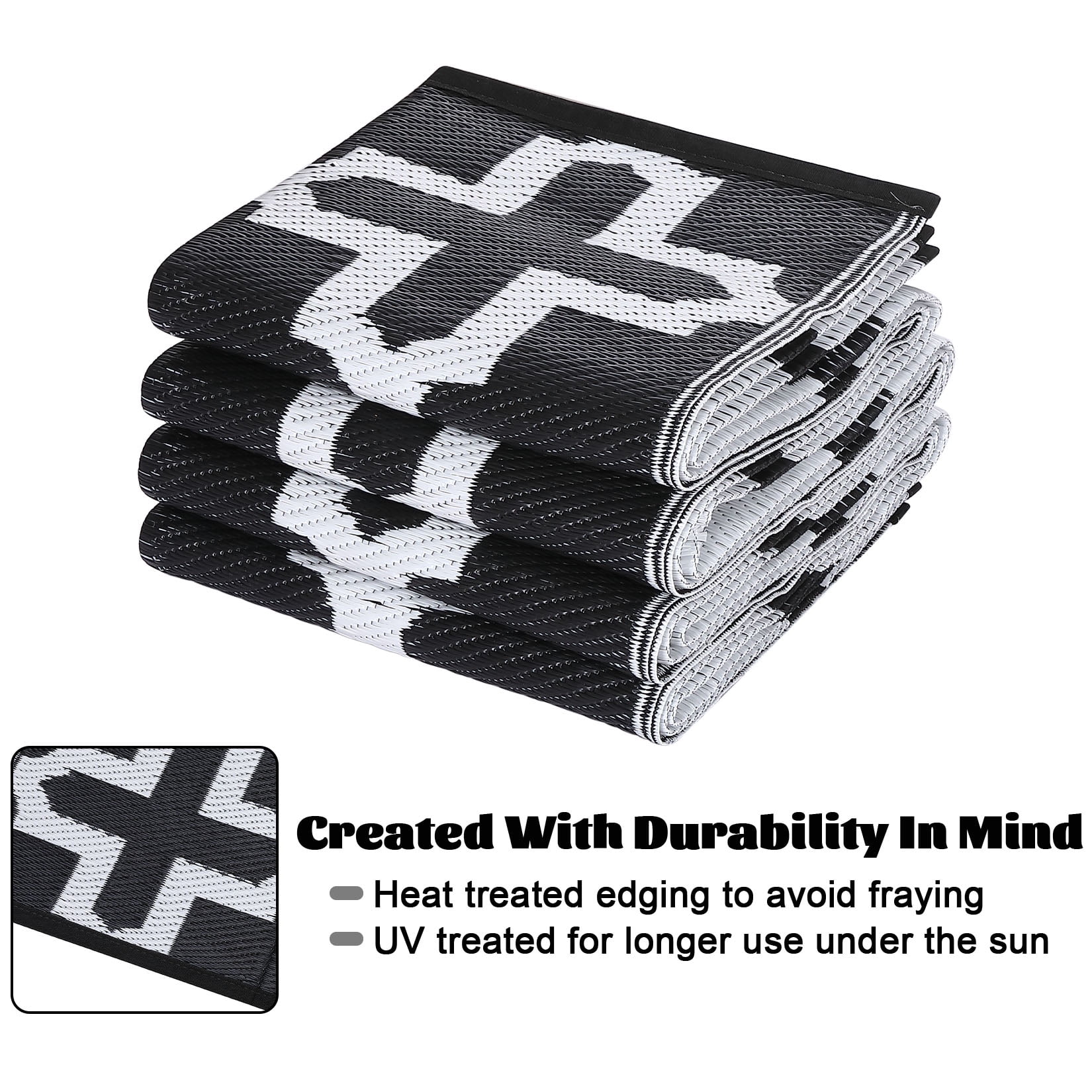 Hasoo Outdoor Rug Waterproof Premium Polypropylene Geometric Area Rug for Patio Porch Deck Balcony Black & White 6ft x 9ft