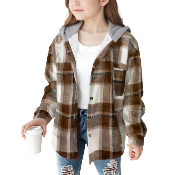 EnJoCho Girls Fall Winter Sher𝗉a Jacket Plaid Flannel Lined Hooded Button Down Shirt Style Casual Warm Fleec𝖾 Outerwear Coats Kids Holiday Clothes 4-15 Years