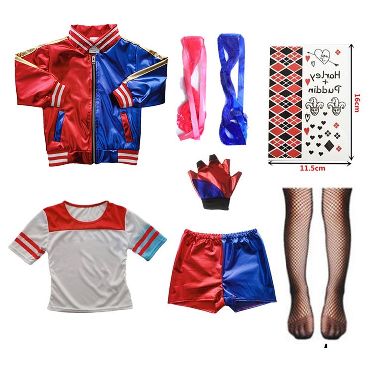 Costume Harley Quinn Fille Amycute - 7 Pièces (Veste, Short, T-shirt, Accessoires) Pour Carnaval Halloween