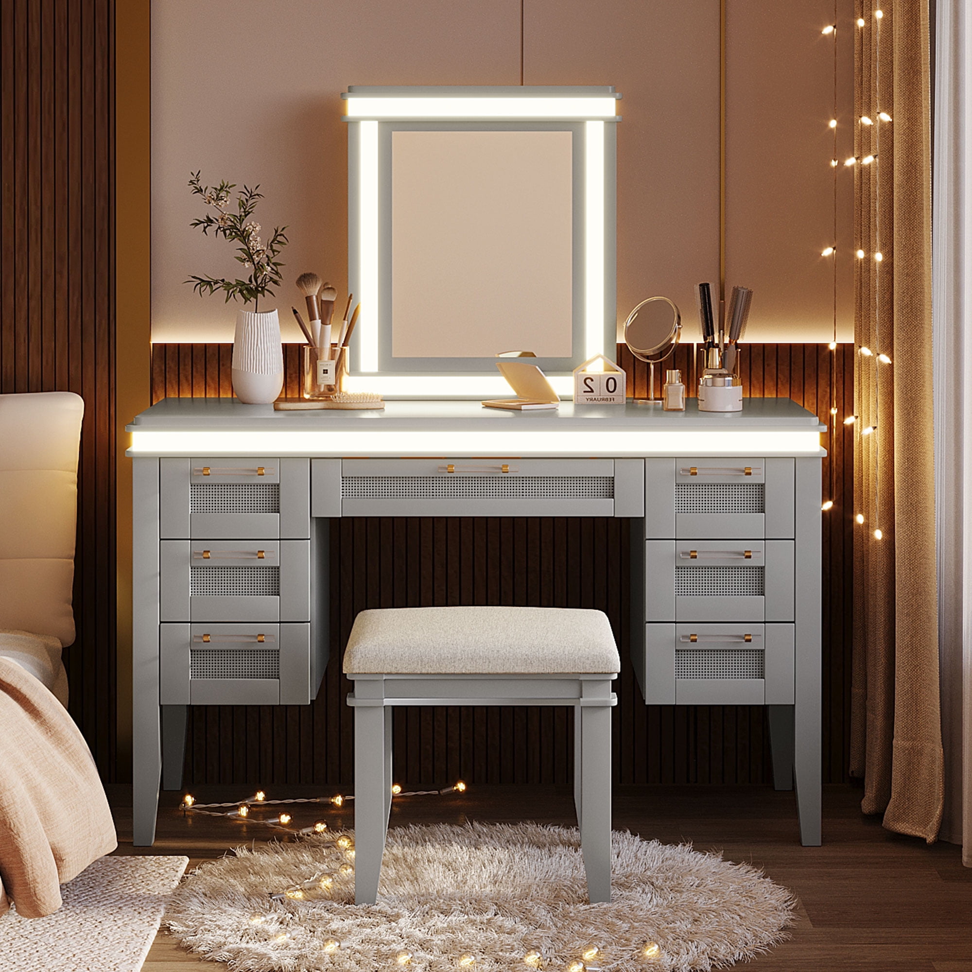 Euroco 48 inch Vanity Desk with Mirror and Lights, Makeup Vanity with 7 Drawers and Cushioned Stool, Classic Grey Finish Dressing Table with Hollow