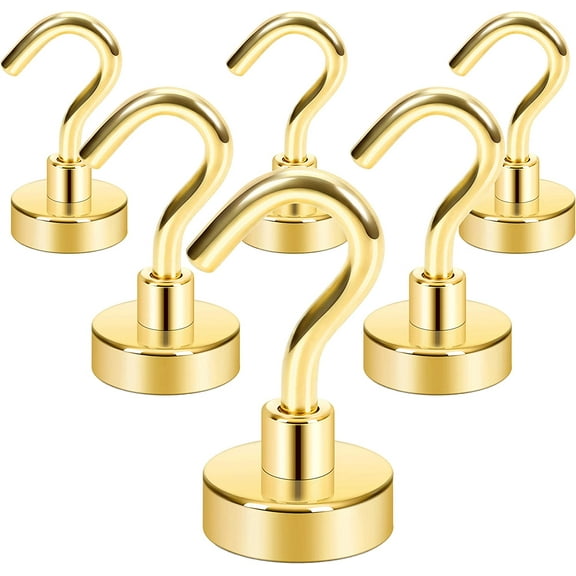 Magnetic Hooks, 28 lb  Heavy Duty Earth Magnets with Hook for Refrigerator, Extra Strong Cruise Hook for Hanging, Magnetic Hanger for Cabins, Grill (Golden, Pack of 6)