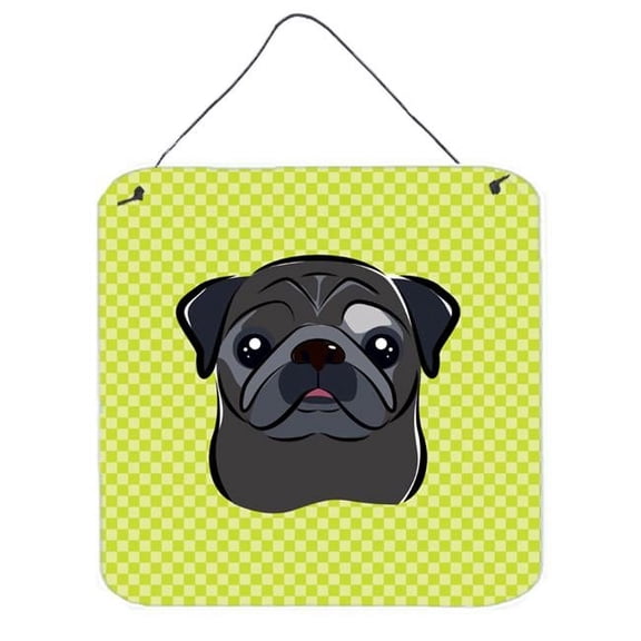 Checkerboard Lime Green Black Pug Aluminum Metal Wall Or Door Hanging Prints, 6 x 6 In.