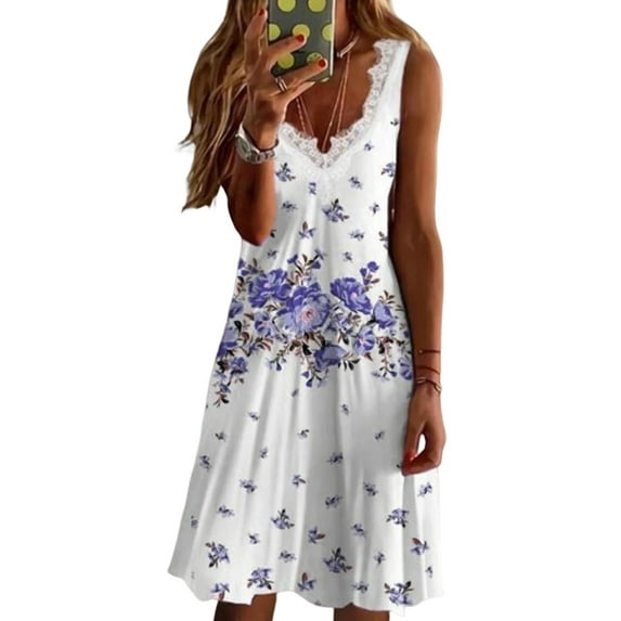 Gvmfive Womens Lace V Neck A-Line Dress Casual Floral Print Loose Tank Dress