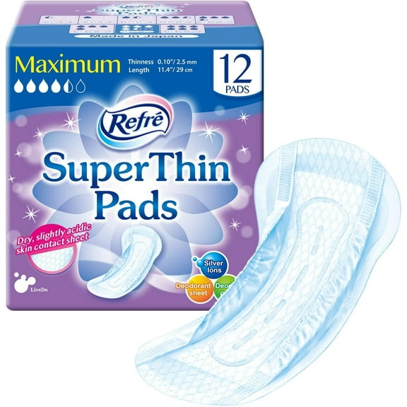 Refré SuperThin Pads Maximum (230cc) - Unisex Disposable Bladder Control Pads - Super Absorbent & Odor Eliminating Adhesive Underwear For Incontinence - Thinness 0.10" - Length 11.4" - 12 Ct